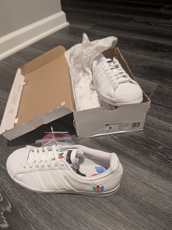 adidas Shoes - Adidas White Superstar Sneakers with Multicolor Logos